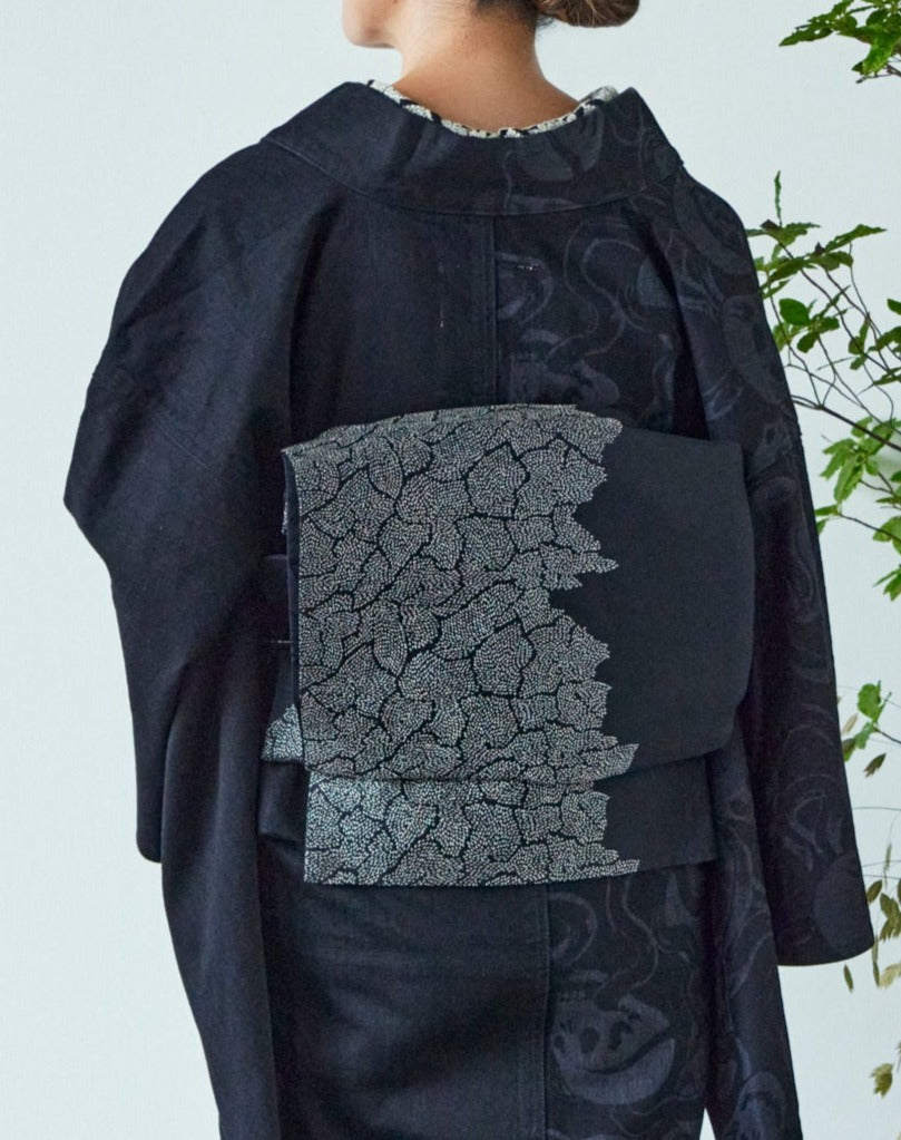 袋帯 京都 西陣 金銀糸 黒 銀 横段紐飾響 落款 有り 帯 kp1131-商品の画像