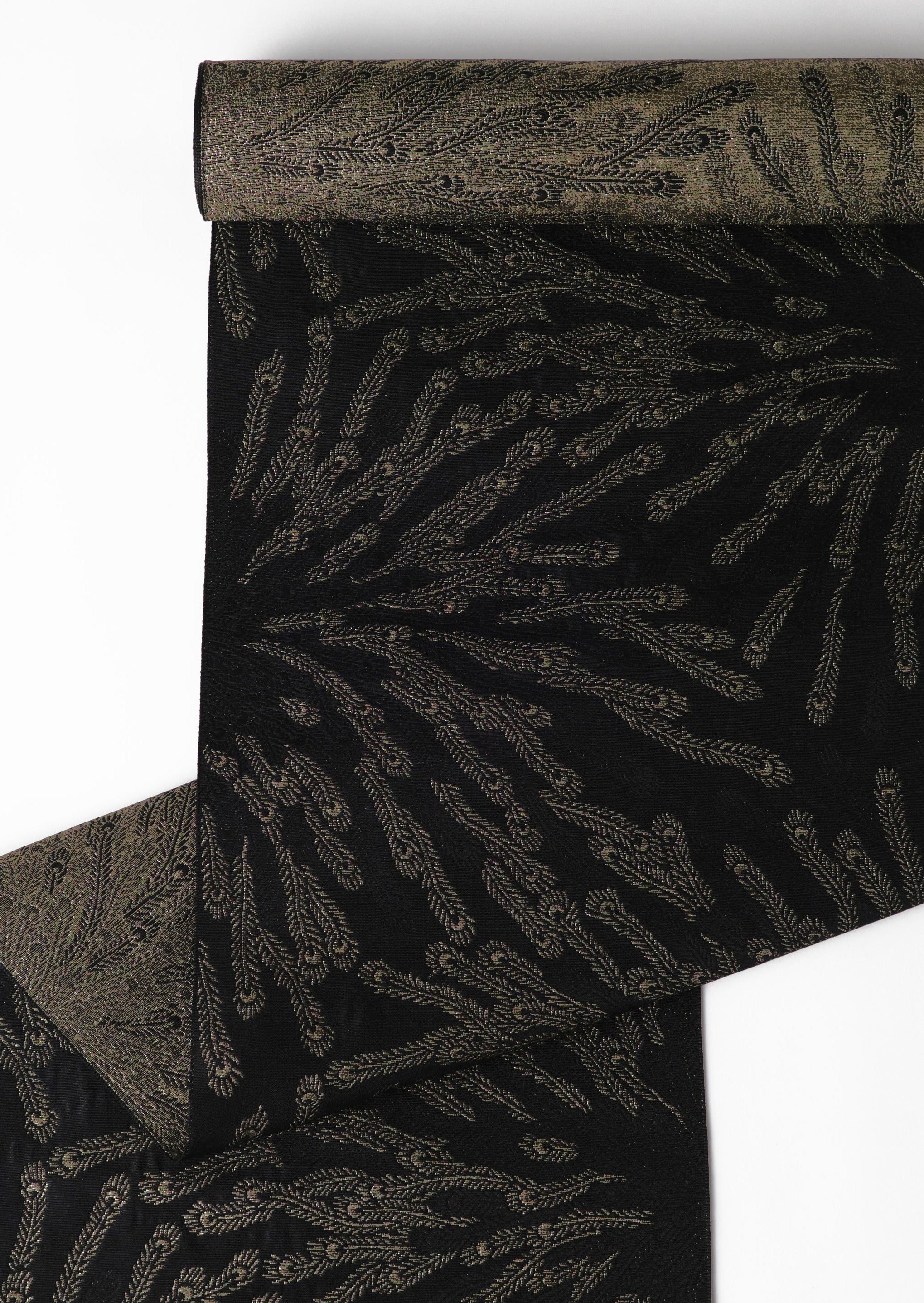 Peacock feathers, black and gold (KAPUKI original): Heko obi (belt) | Pure silk