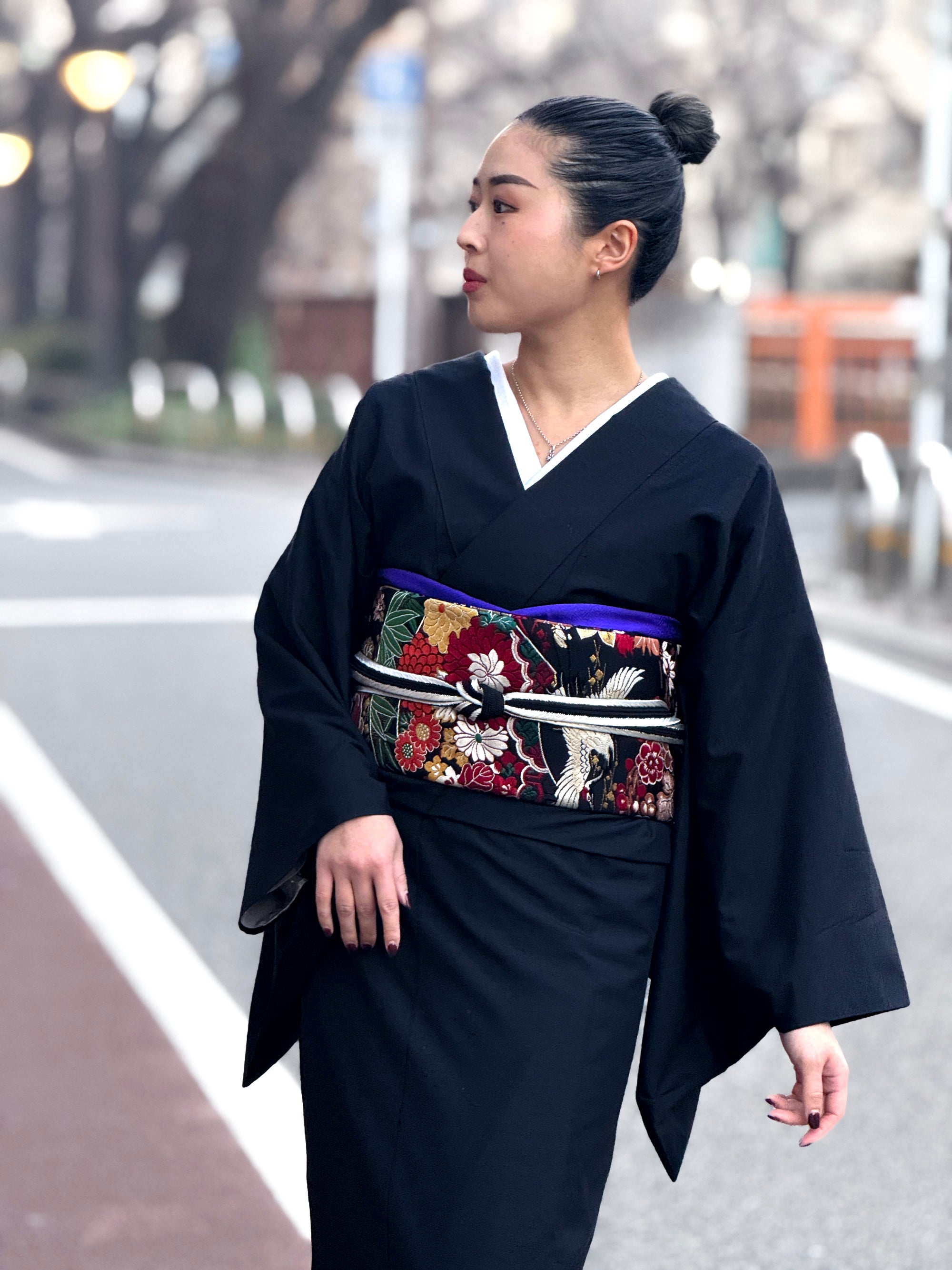 菊花鶴 黒(KAPUKIオリジナル):袋帯| 西陣織|正絹|アンティーク復刻柄(仕立て代込み)