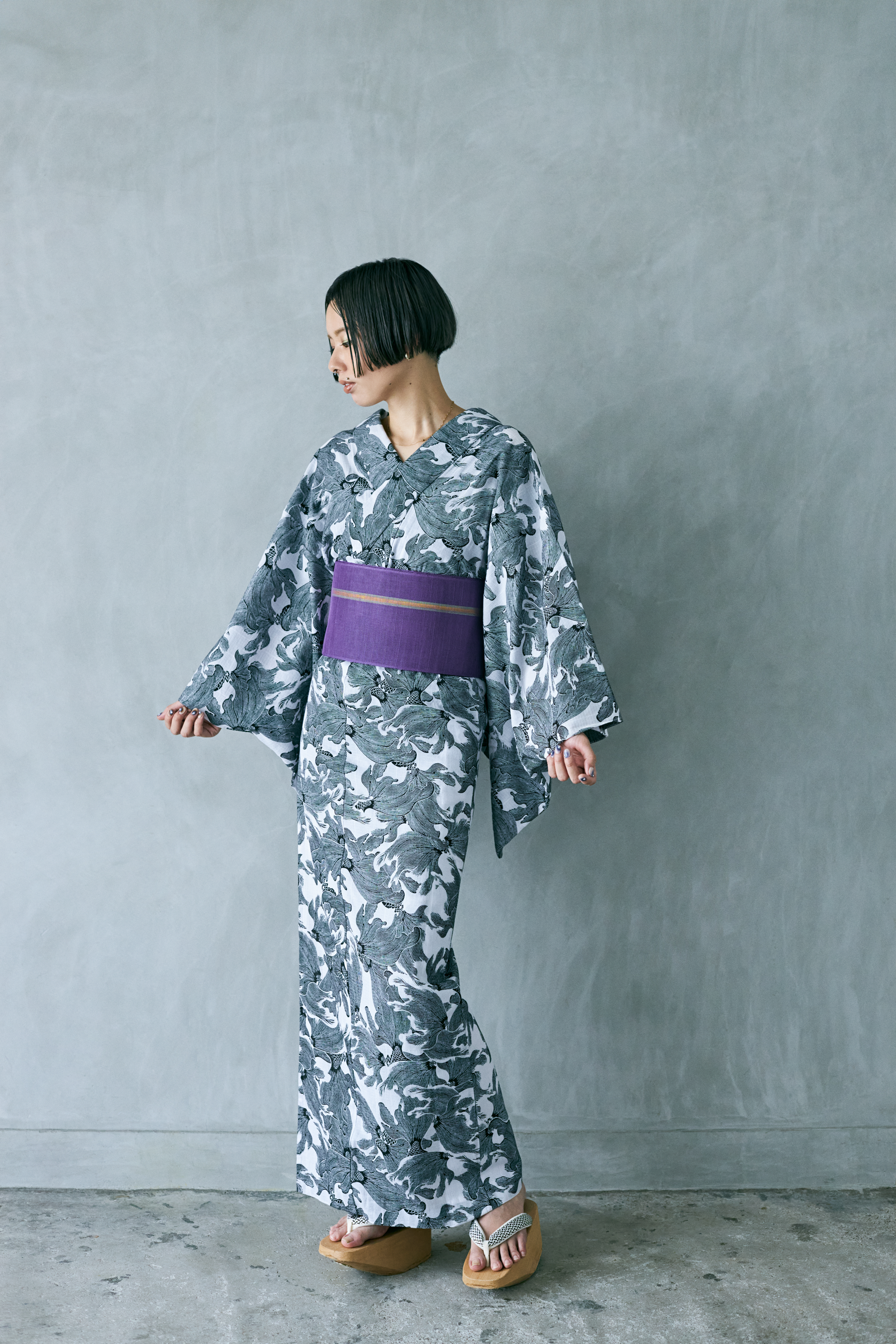 Shichino Purple|Sakura Pink|White|Pink|Yellow Green (Ganwa): Half-width obi|Nishijin-ori|Hemp