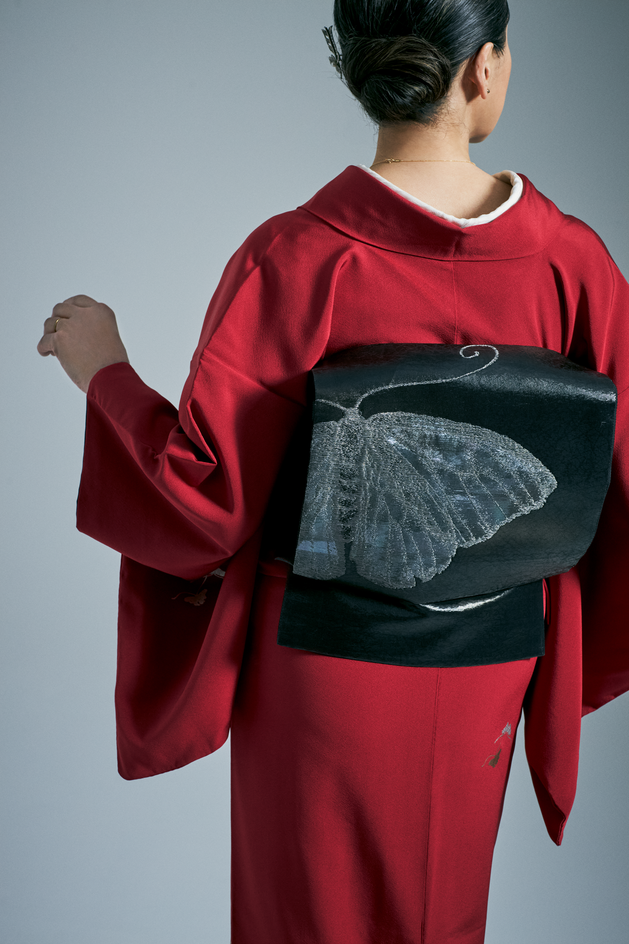 Butterfly (Komidaya Genbei): Fukuro Obi | Kiraori | Pure Silk | Mother of Pearl | Black Foil (Tailoring Fee Included)