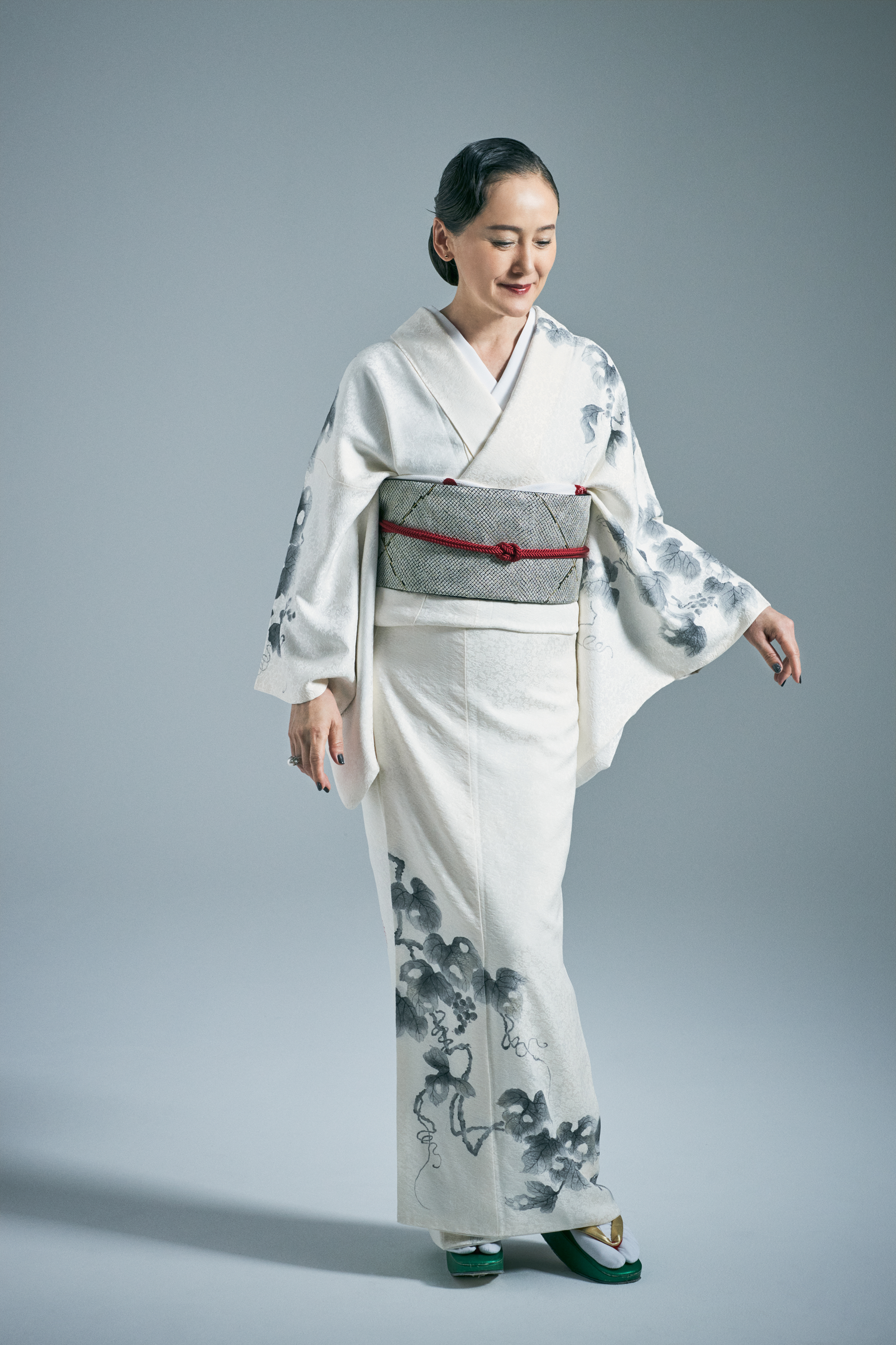 Obiage (sash) - Chirimen plum and maple brocade with white/red accents (Watakei)