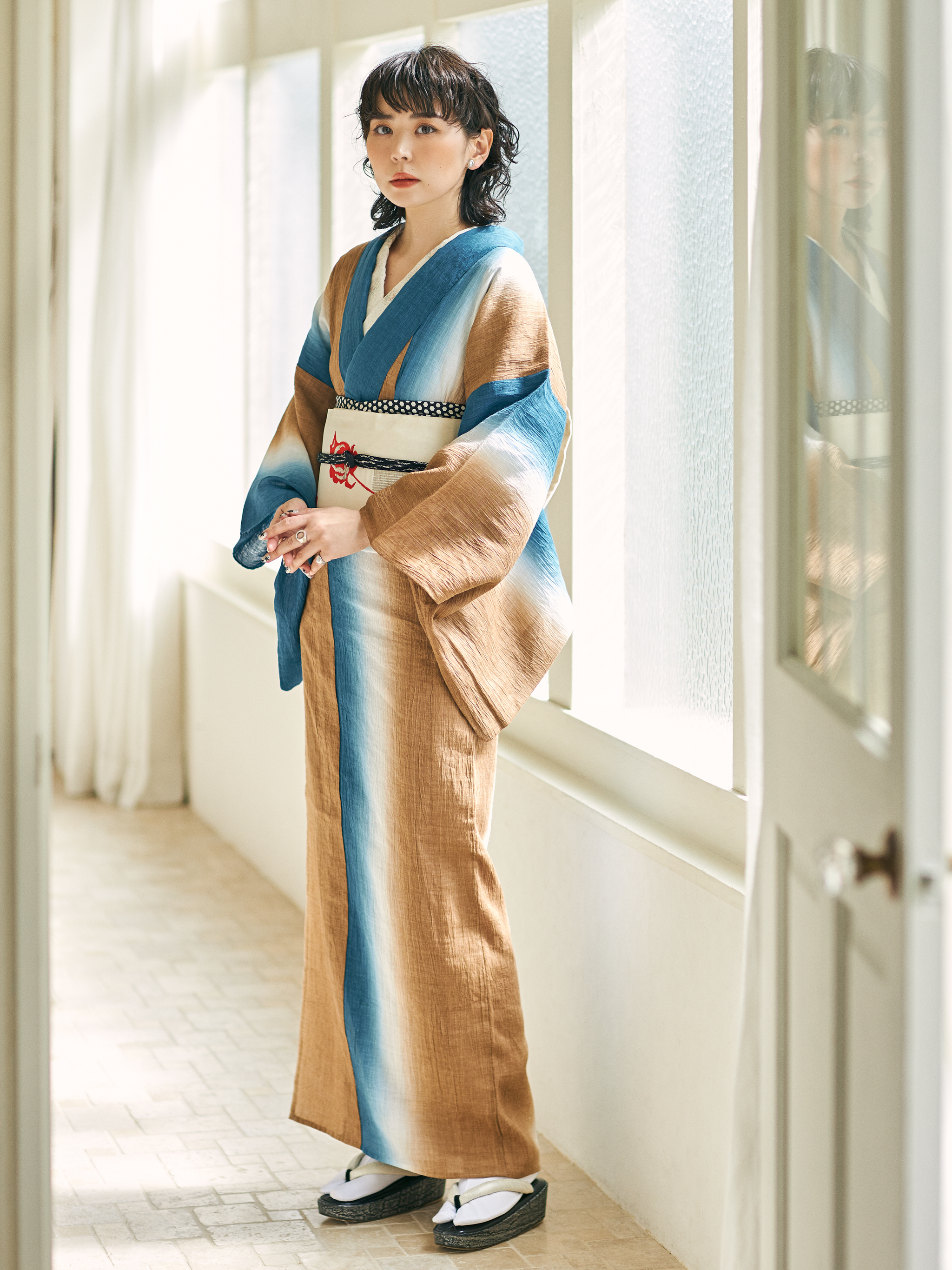 c-812　浴衣　夏着物　肩当て・居敷当て付き ACE HOTEL（SLADKY）：グラデーション近江縮 ｜単衣｜麻｜綿