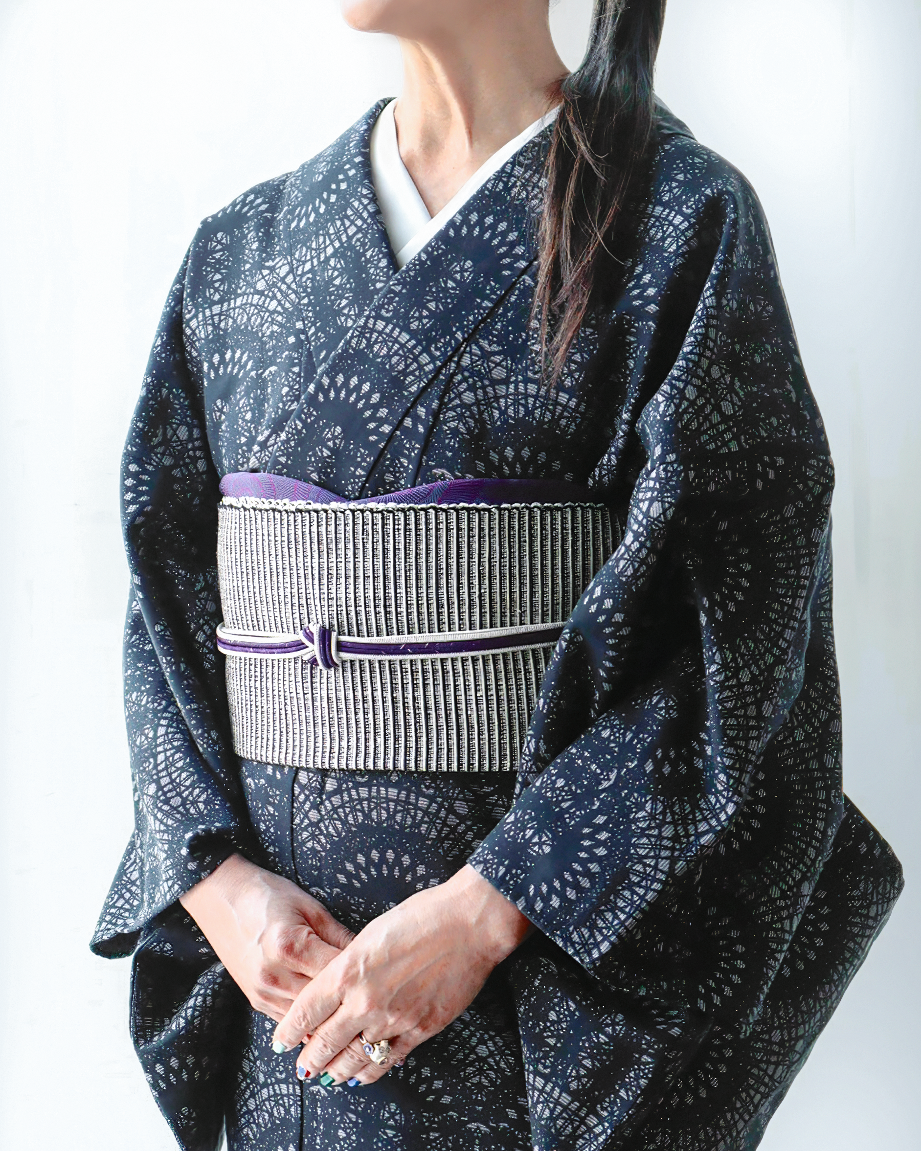 Yamatome Silver Scattered Ear Horn Cedar Purple/Wisteria (Watari): Obi-jime