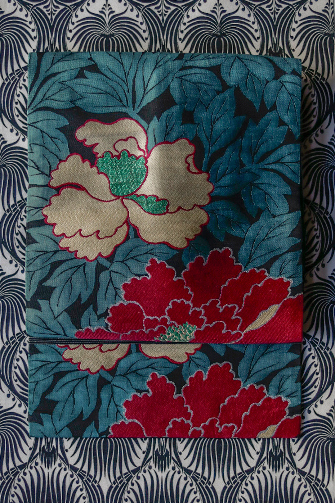 名古屋帯|黒地 牡丹柄 織|Wing|アンティーク