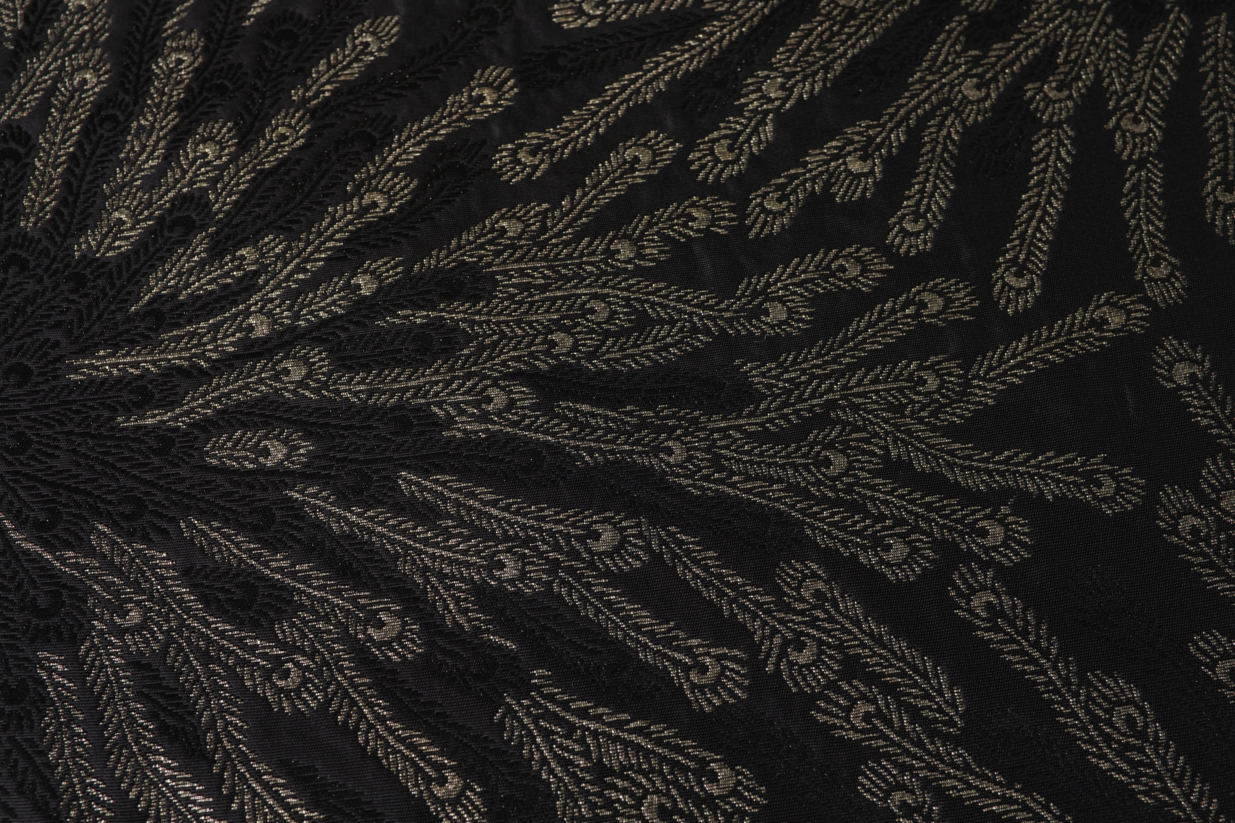 Peacock feathers, black and gold (KAPUKI original): Heko obi (belt) | Pure silk