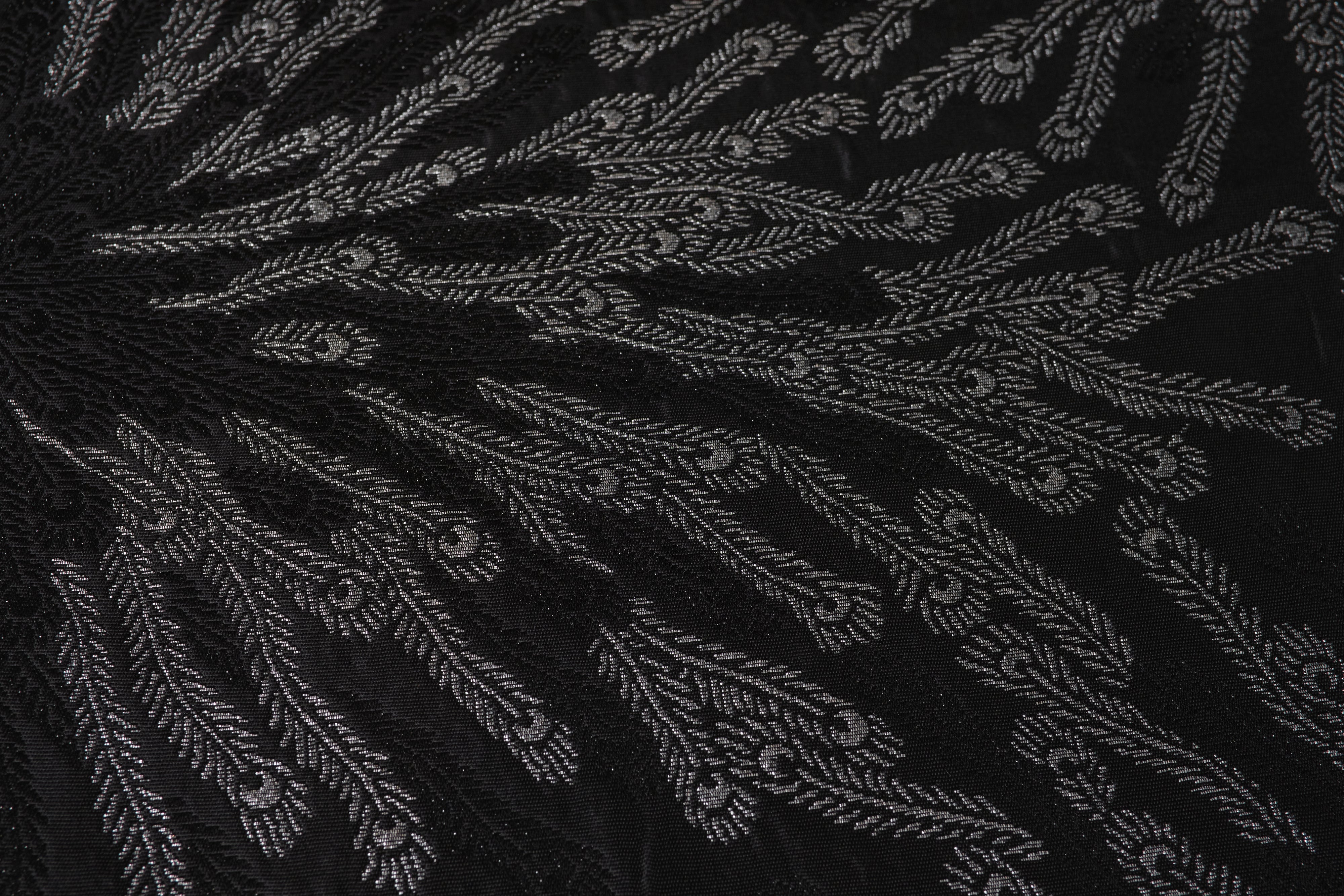 Peacock feathers, black and silver (KAPUKI original): Heko obi (belt) | Pure silk