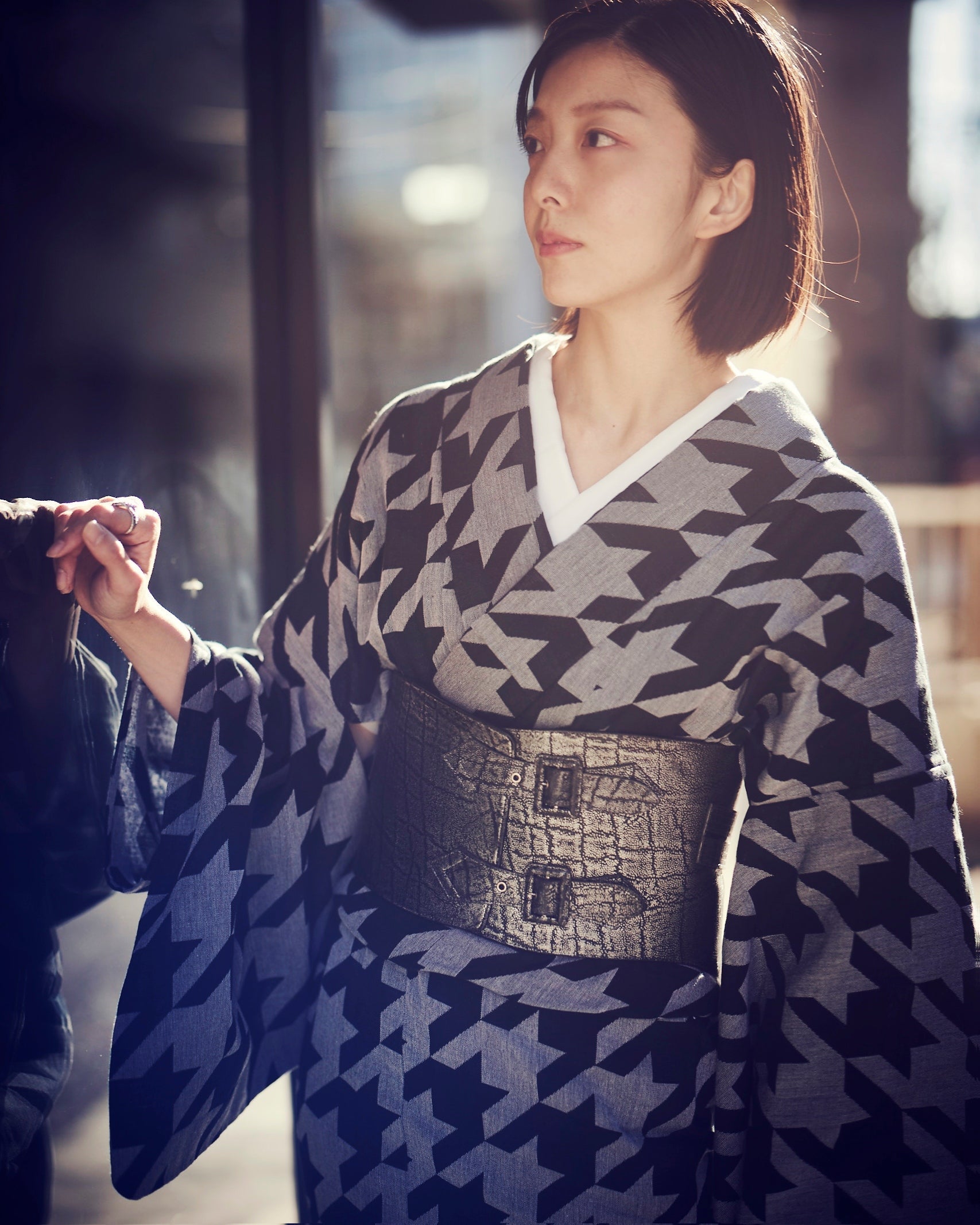 米織小紋 千鳥格子 黒グレー:木綿|着物|単衣