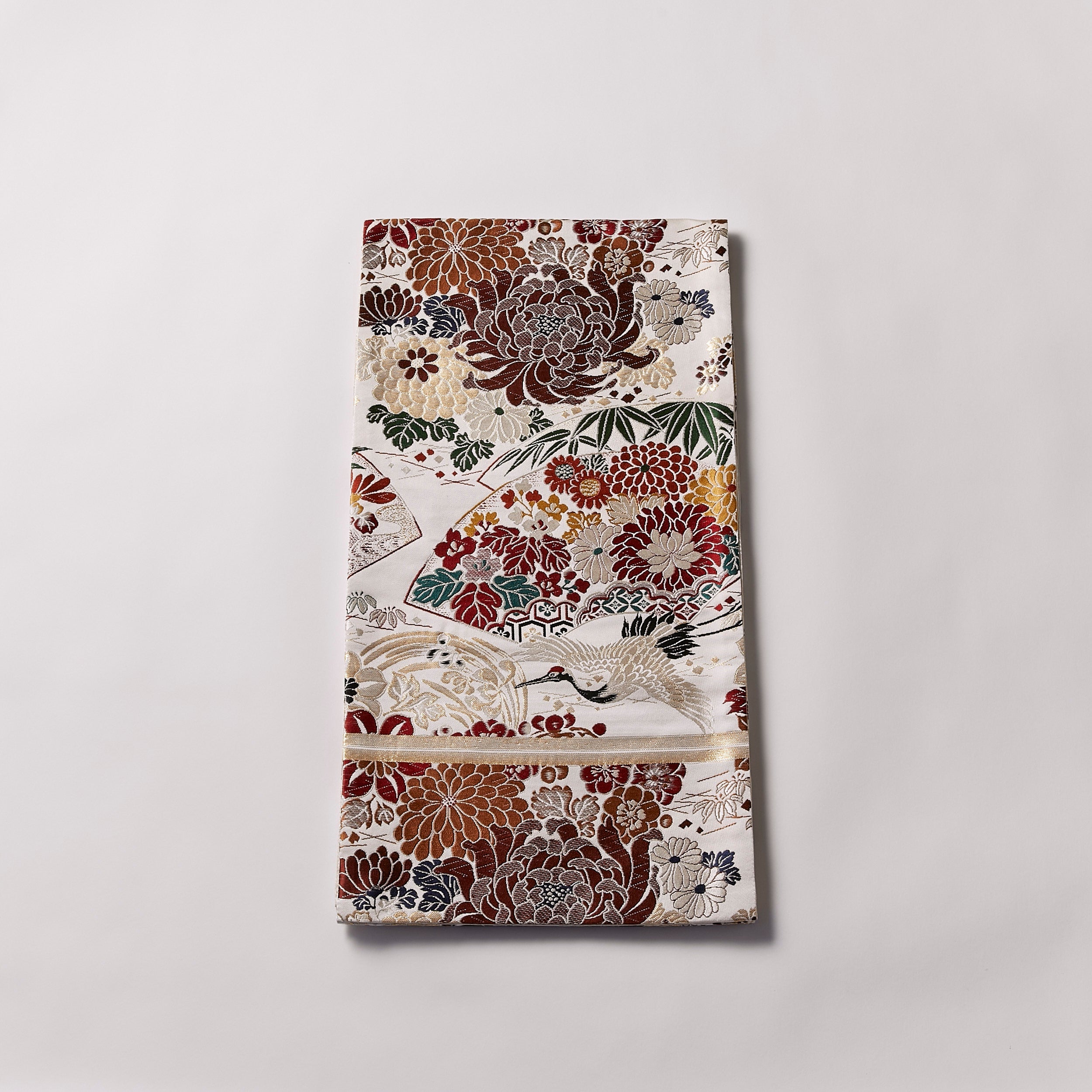 袋帯 「菊花鶴 白」KAPUKIオリジナル アンティーク復刻柄：西陣織｜正絹（仕立て上がり）