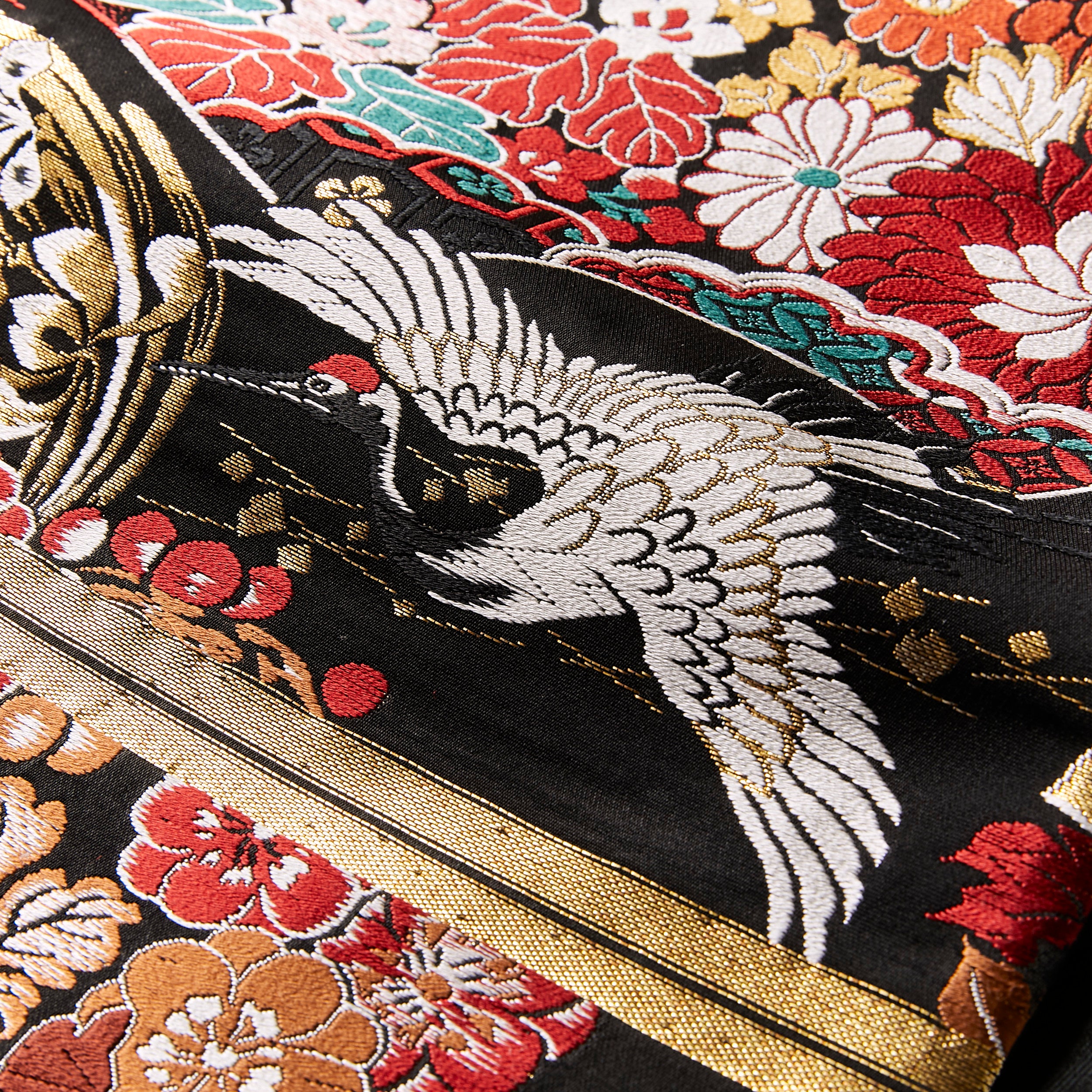 Chrysanthemum and Crane Black (KAPUKI Original): Fukuro Obi | Nishijin-ori | Pure Silk | Antique Reproduction Pattern (Tailoring Fee Included)