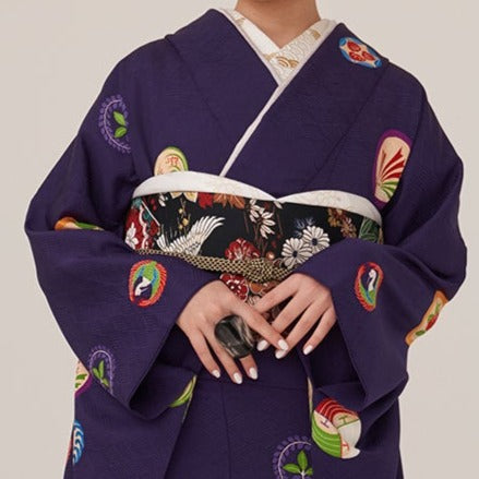 袋帯| 菊花鶴 黒|西陣織|アンティーク復刻柄|仕立て代込み