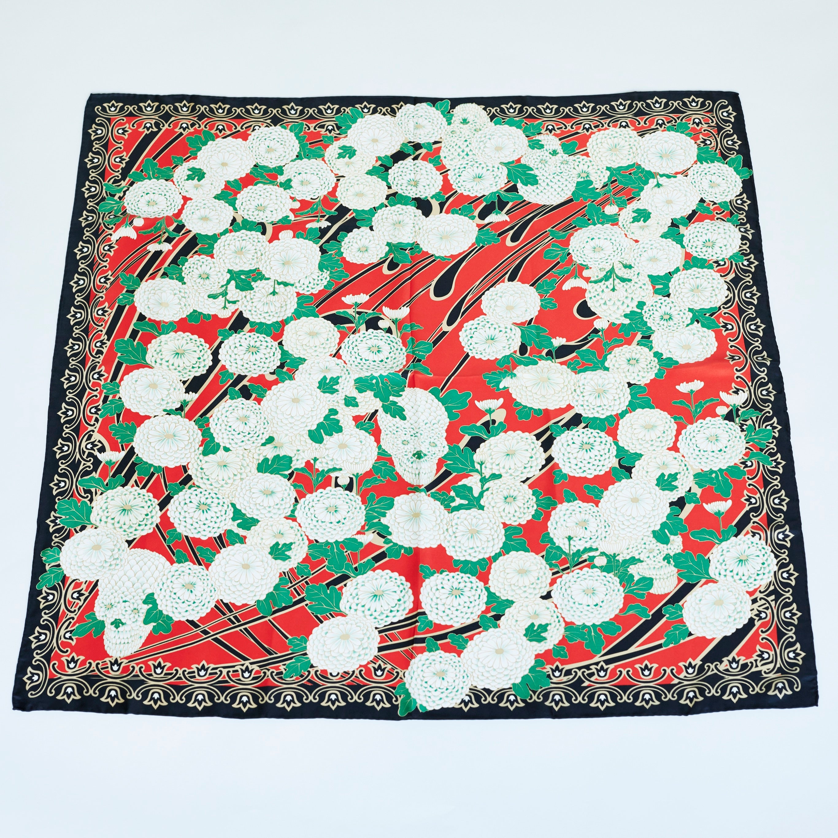 スカーフ|SILK SCARF 菊華髑髏図|SKULL OR FLOWER|西岡ペンシル