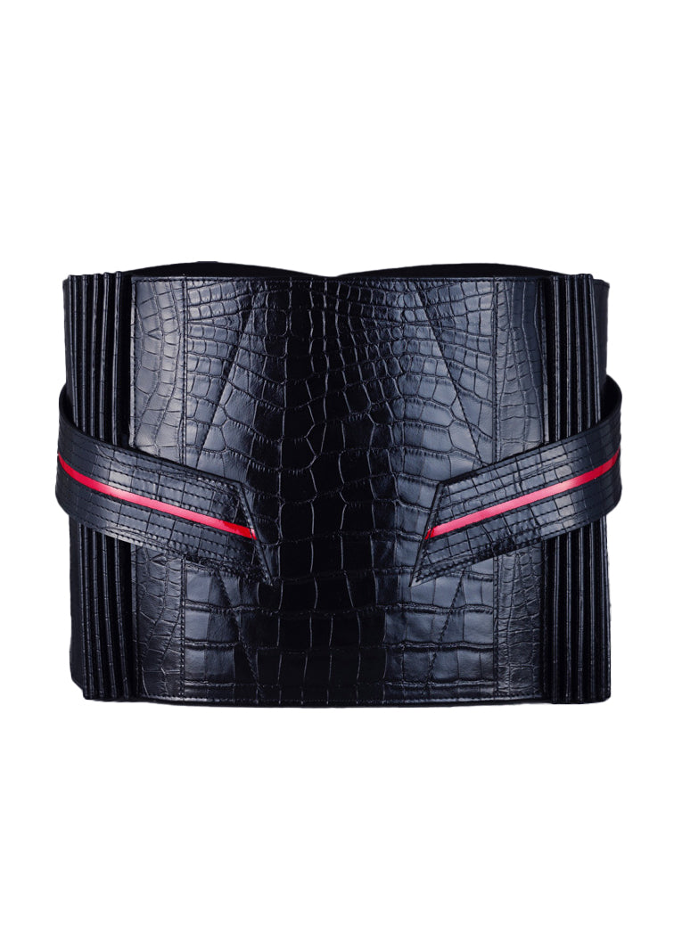 Obi belt "crocodile black enamel" leather