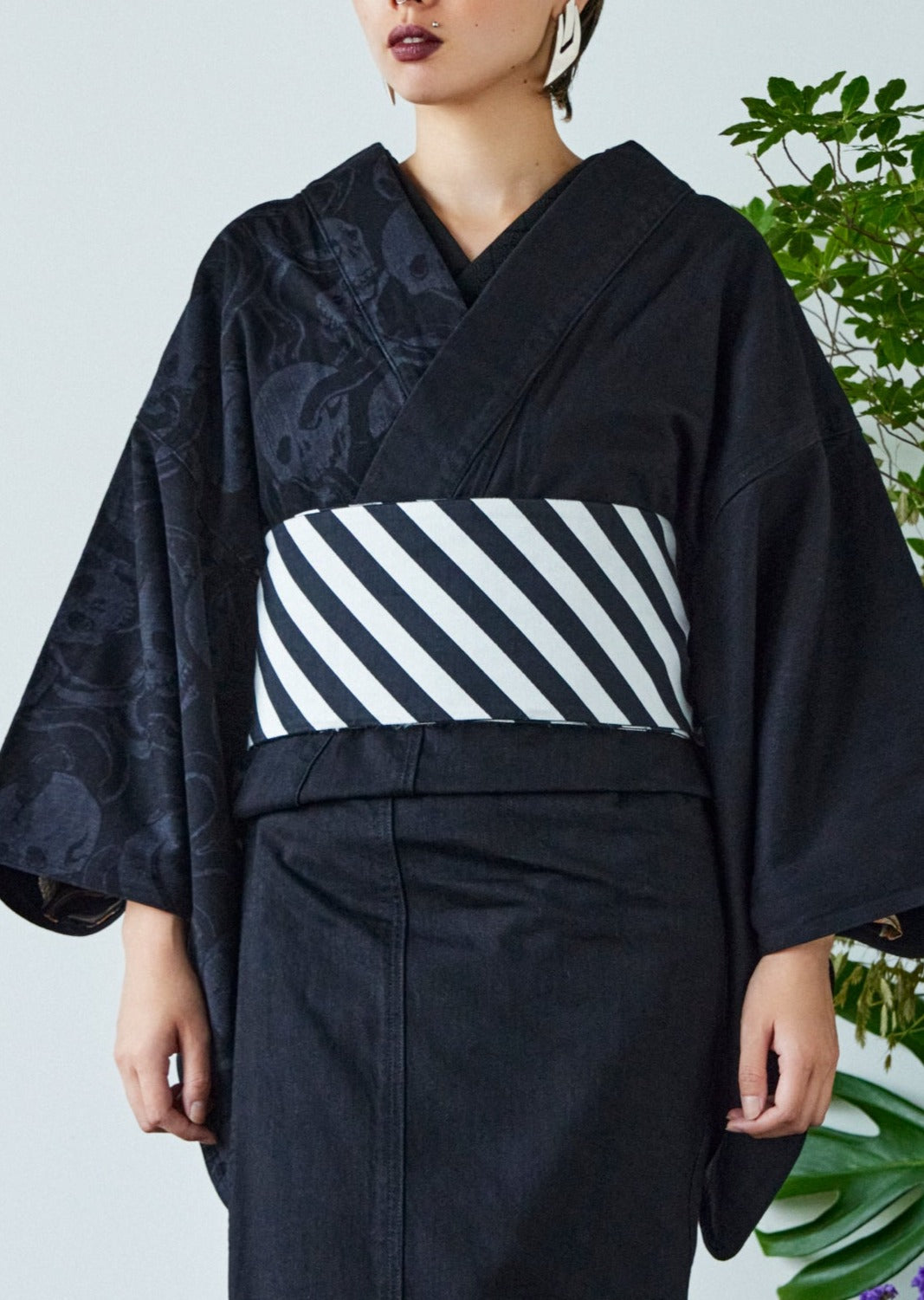 Half-width obi "Diagonal striped pattern" KAPUKI original Antique reproduction pattern: Pure silk