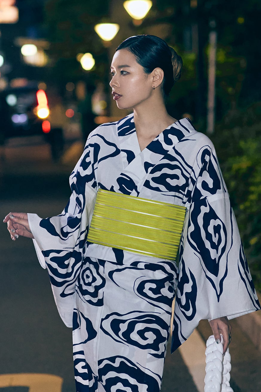 半巾帯｜紗 朱子浮 ぼかし縞 ライムイエロー｜西村織物