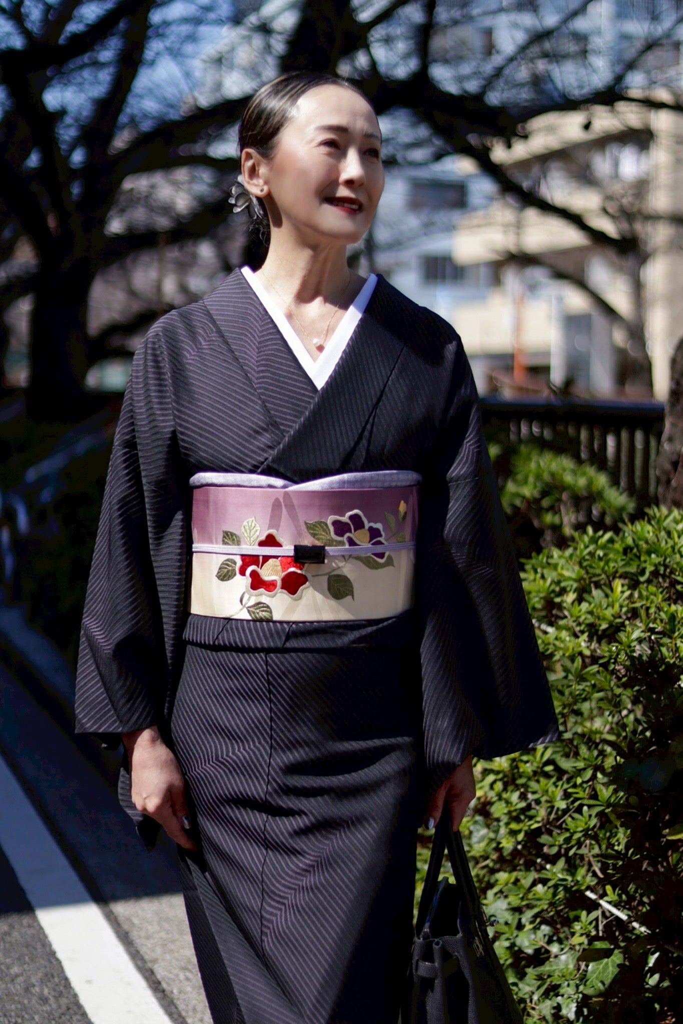 着物｜洗えるお召し｜ala elle 斜線波 黒×紫｜ワタマサ｜正絹