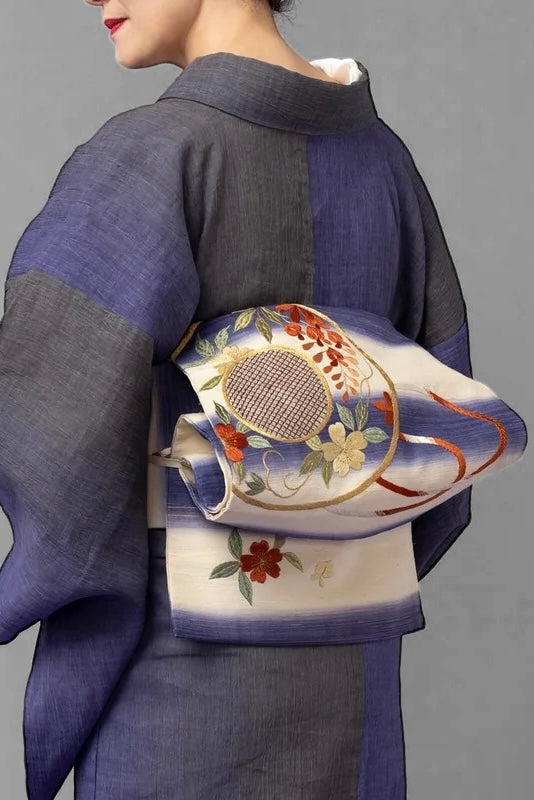 Nagoya Obi Antique "horizontal shaded hand drum embroidery" pure silk