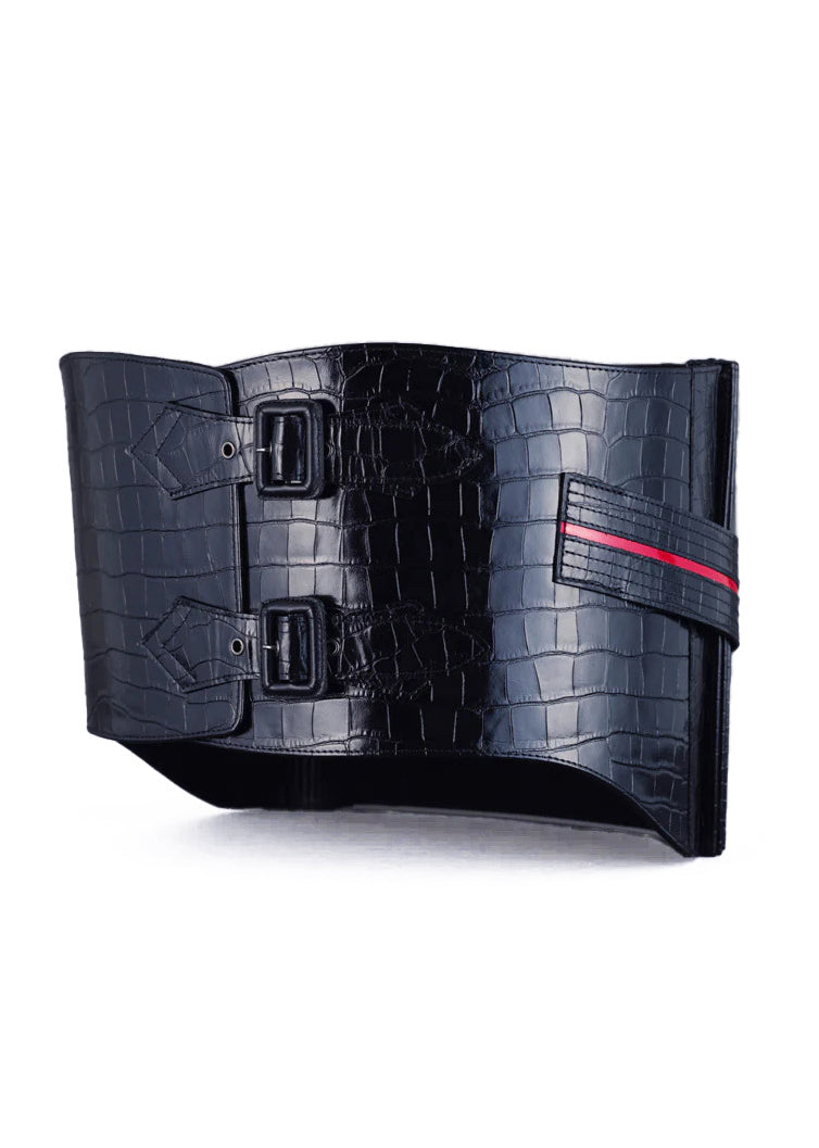 Obi belt "crocodile black enamel" leather