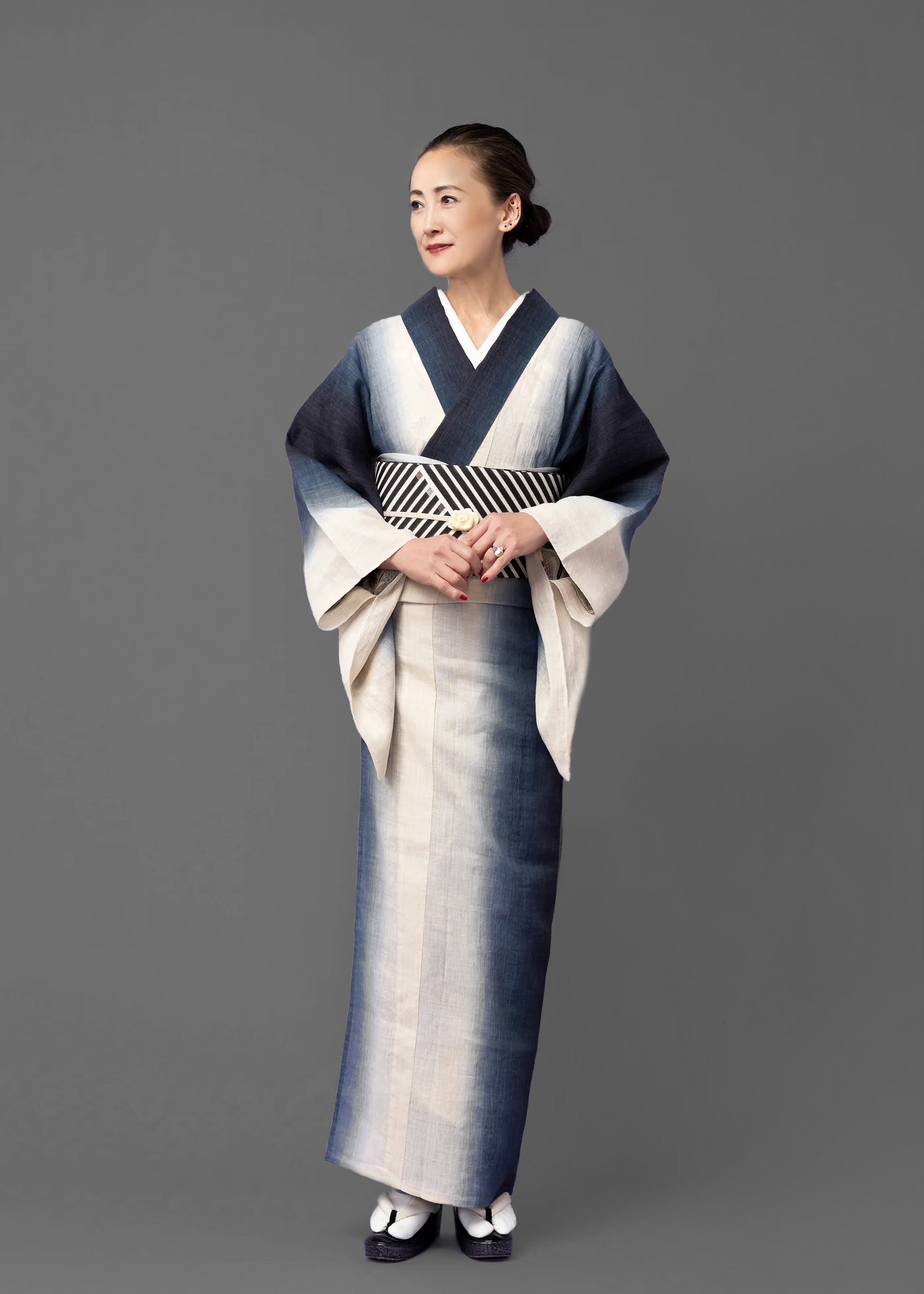 Natural to navy blue (SLADKY): Gradient Omi-chiri | Single layer | Linen | Cotton