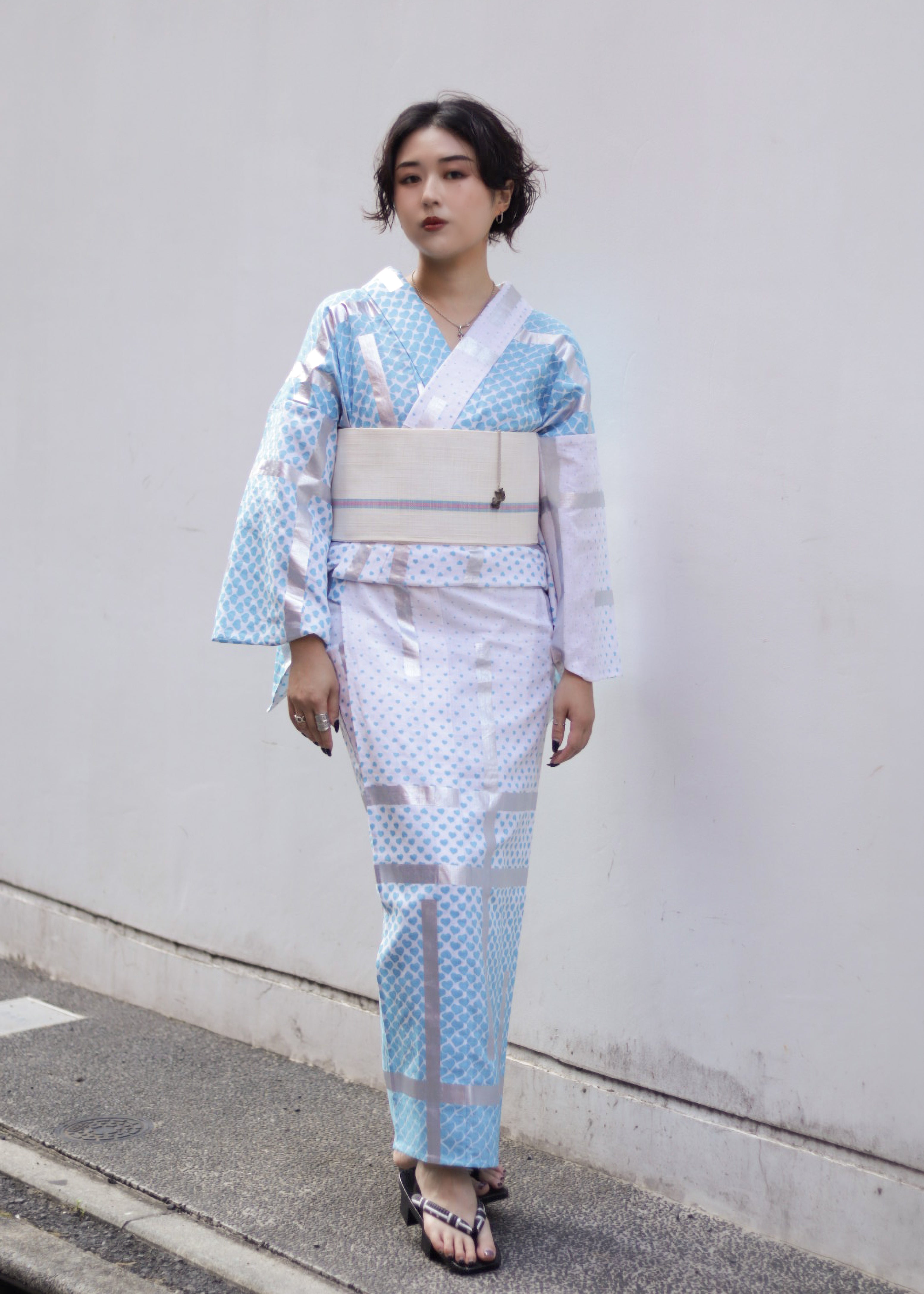 ［仕立て上がり］浴衣｜「幸福」破れ格子 白水色シルバー｜レディース｜プレタ
