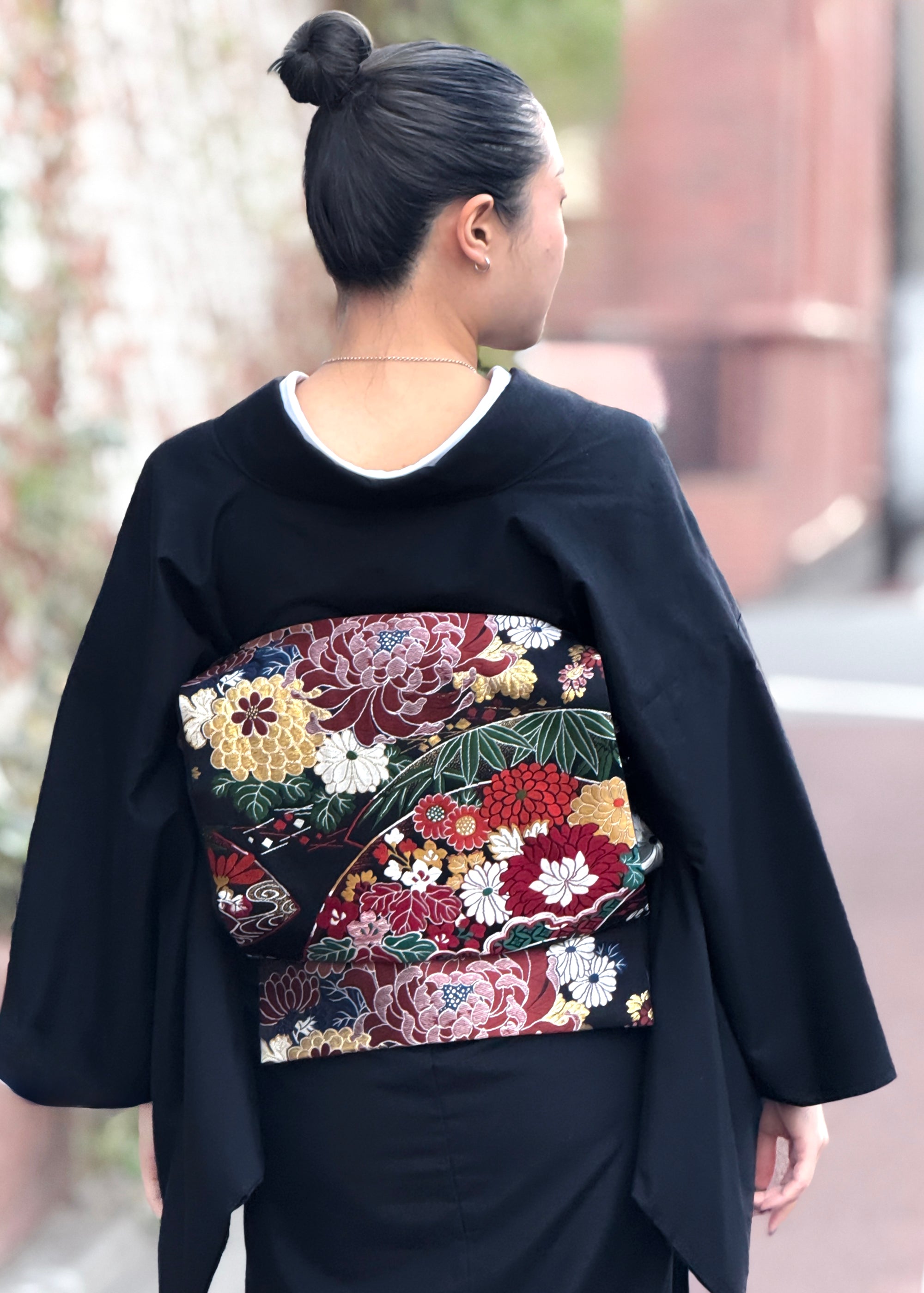 Chrysanthemum and Crane Black (KAPUKI Original): Fukuro Obi | Nishijin-ori | Pure Silk | Antique Reproduction Pattern (Tailoring Fee Included)