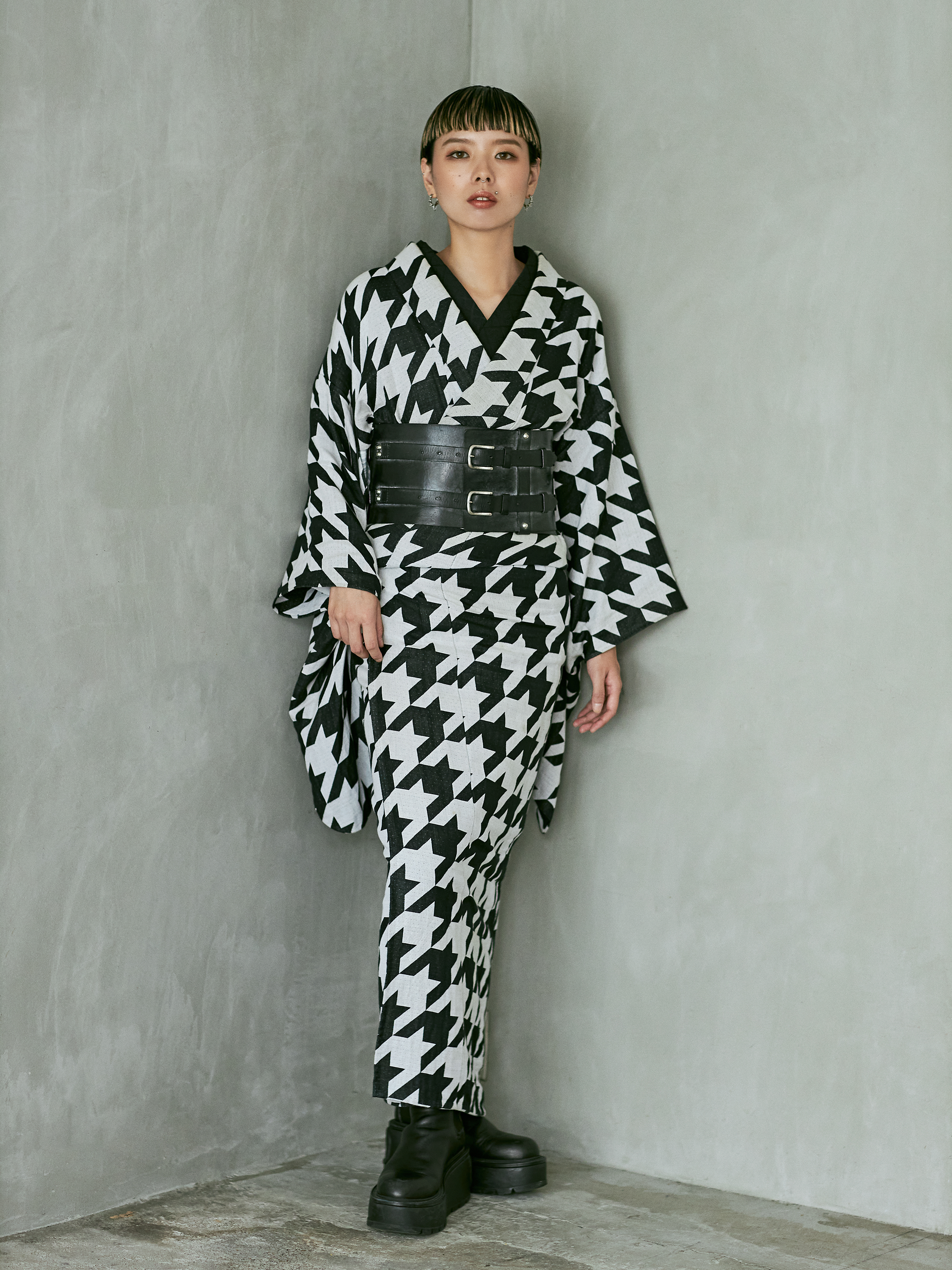 Houndstooth monotone (KAPUKI special order): Rice weave small pattern | Cotton | Kimono | Single garment
