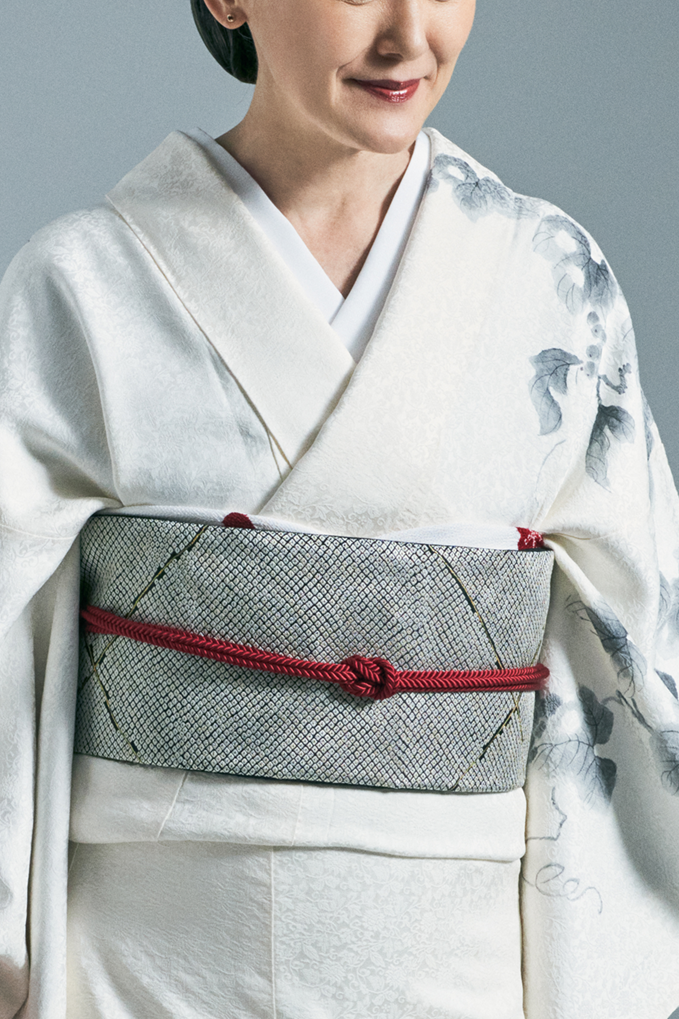 Obiage (sash) - Chirimen plum and maple brocade with white/red accents (Watakei)