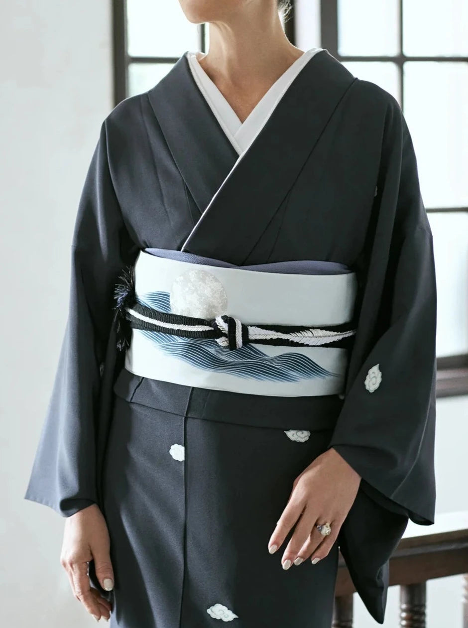 Obijime "Yamato Kumihimo Extra Thick Black Silver" KAPUKI special order: Pure silk