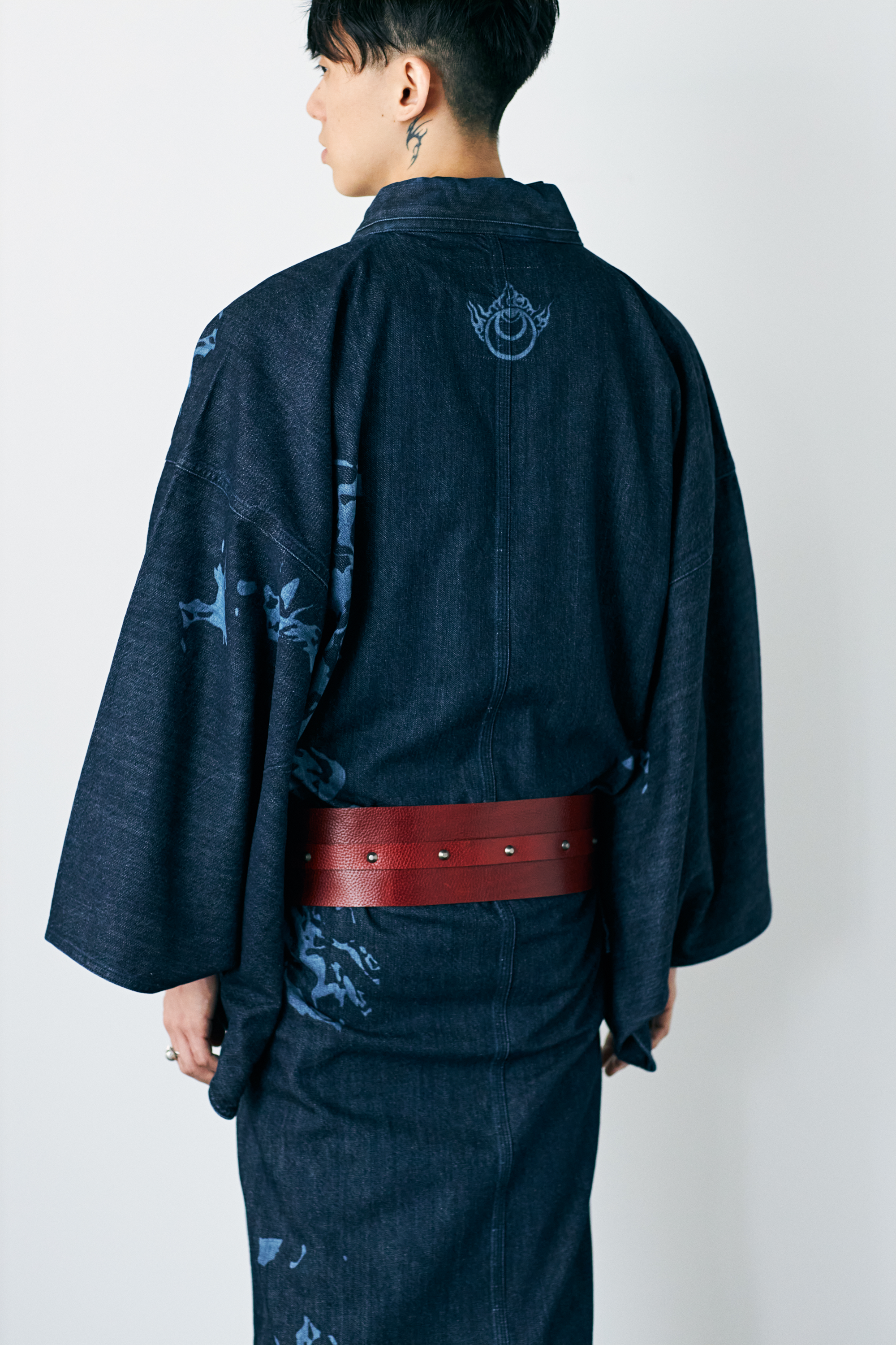 KAPUKI original denim kimono flame pattern men's indigo