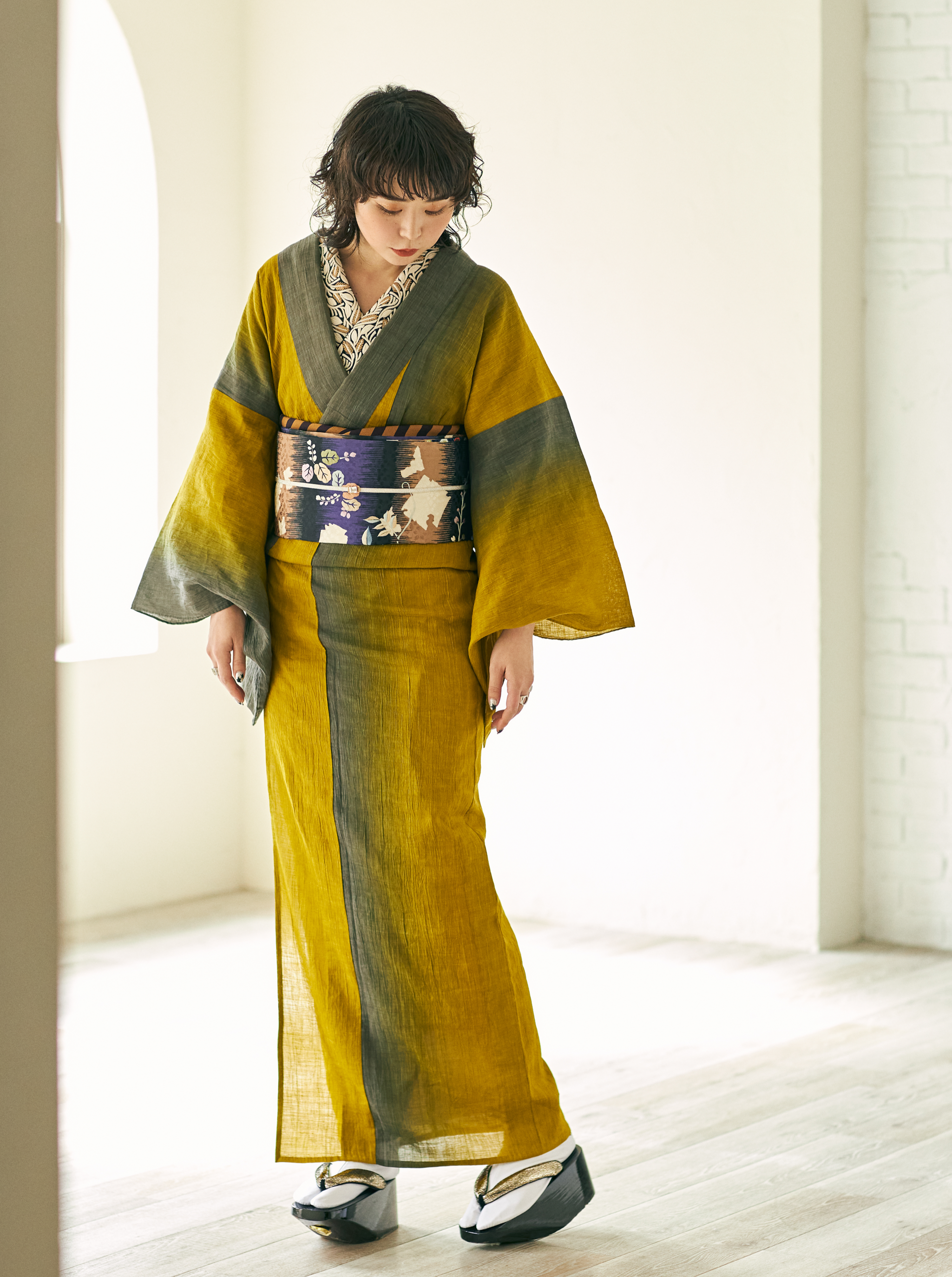 Gradation Omi Chijime Mustard (SLADKY): Single garment | Linen | Cotton