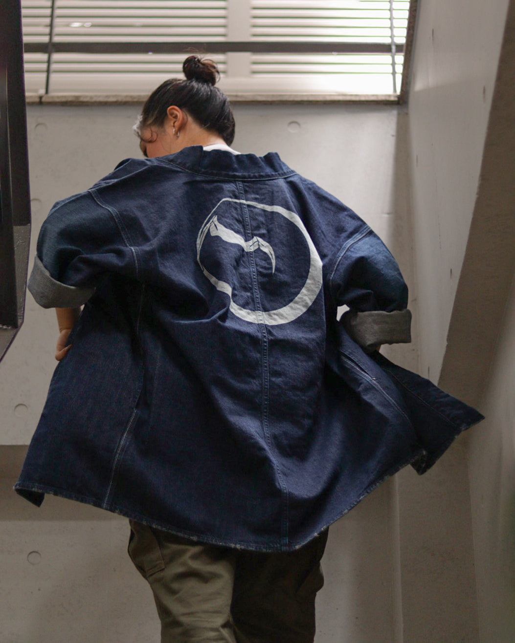 Large Crest Moon and Bat HAORI | Denim Kimono | Haori *Available until sold out