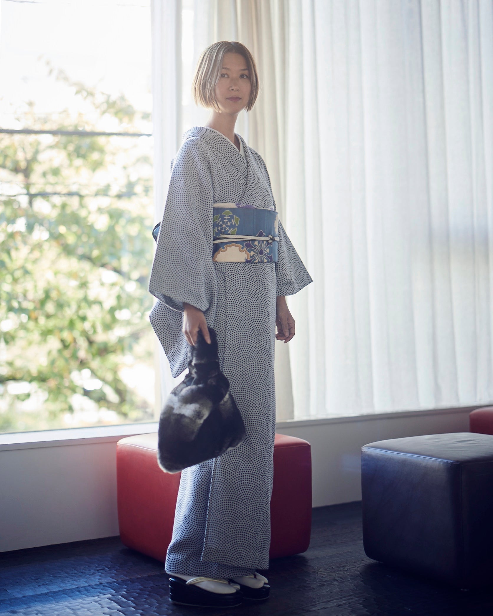 Rice weave komon, shark komon, white navy blue”: Cotton kimono | Single robe