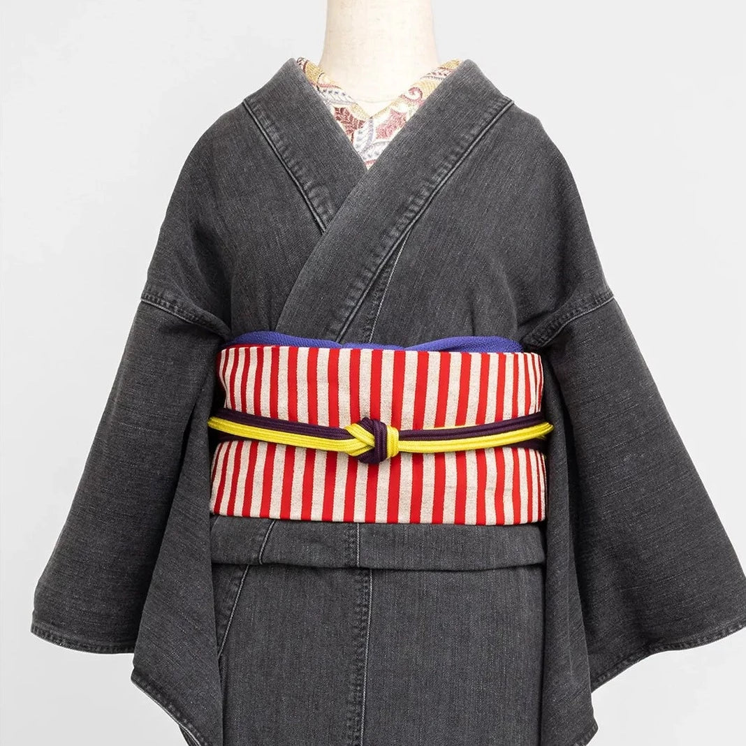 KAPUKI original Nagoya obi 9-inch "sparkling stripes" pure silk antique reproduction pattern